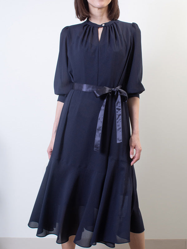 【ストレッチシフォン】ネイビー　ロングマーメイドワンピース