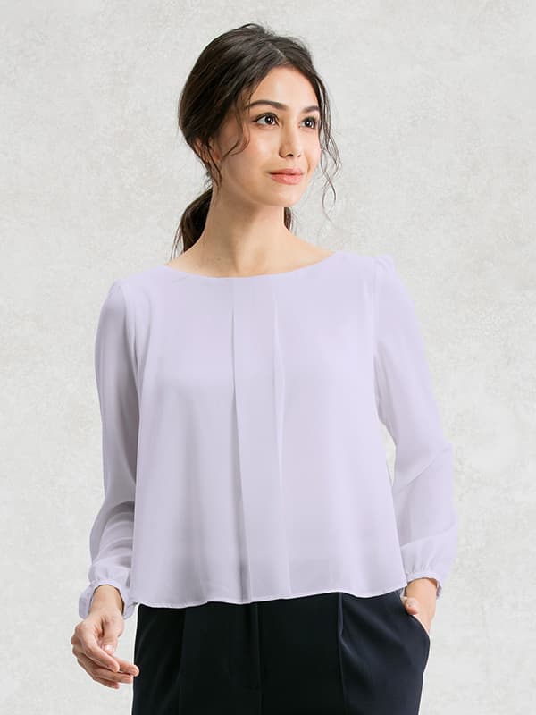 Stretch Chiffon: White Stretch Chiffon Round Neck Top