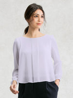 Stretch Chiffon: White Stretch Chiffon Round Neck Top