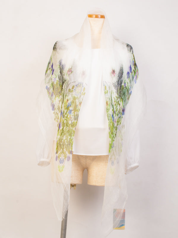 植物柄ホワイトxグリーン　麻プリントストール